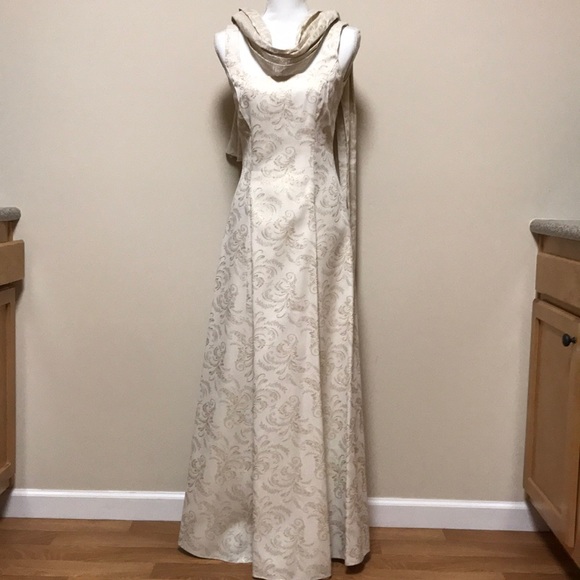 white wedding dress with gold accents